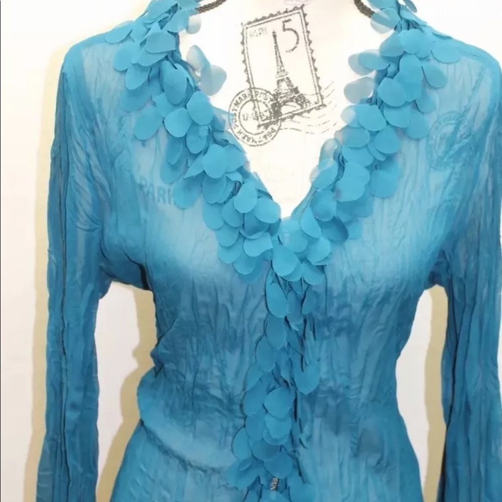 Vintage Looking Tassel Petals 3D Crumpled Women Blue Blouse Long Sleeve Boho Chi